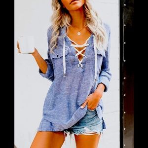Pinstripes V Neck W/ Shoestring Lace Up Front Pockets Blue Dress Shirt